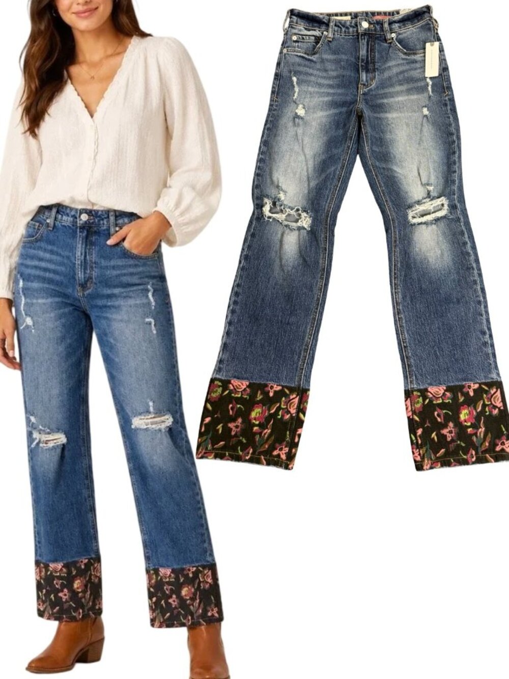 Pilcro Anthropologie Vintage Straight Jeans Size 25 Blue Distressed Floral NWT